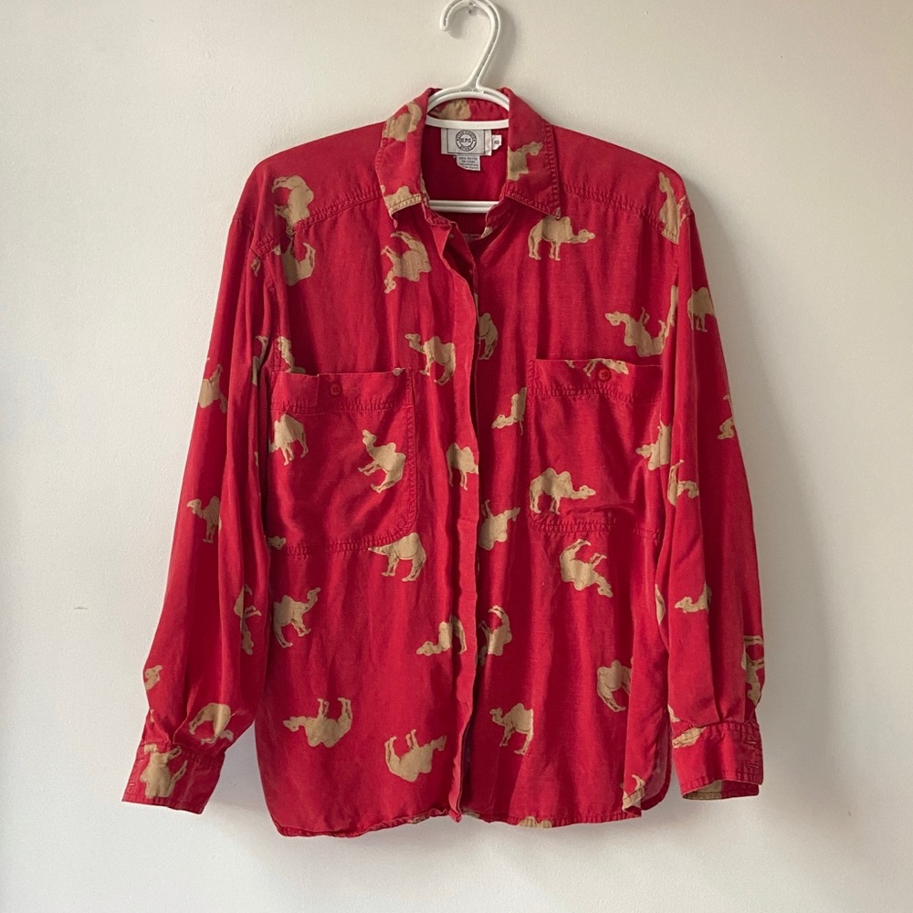 Camel Print Rayon Button Up Shirt
